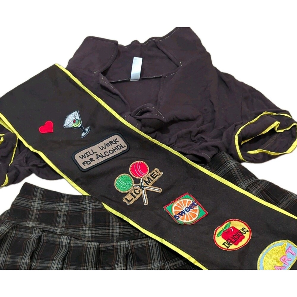Halloween Women’s Costume Scout Complete Outfit Top Plaid Skirt Sash Patches